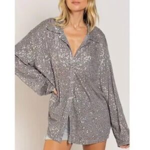 POL Gunmetal Grey Sequin Women's Top